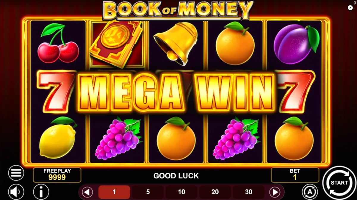 Book of Money slot machine reels na may mga simbolo ng prutas at aklat