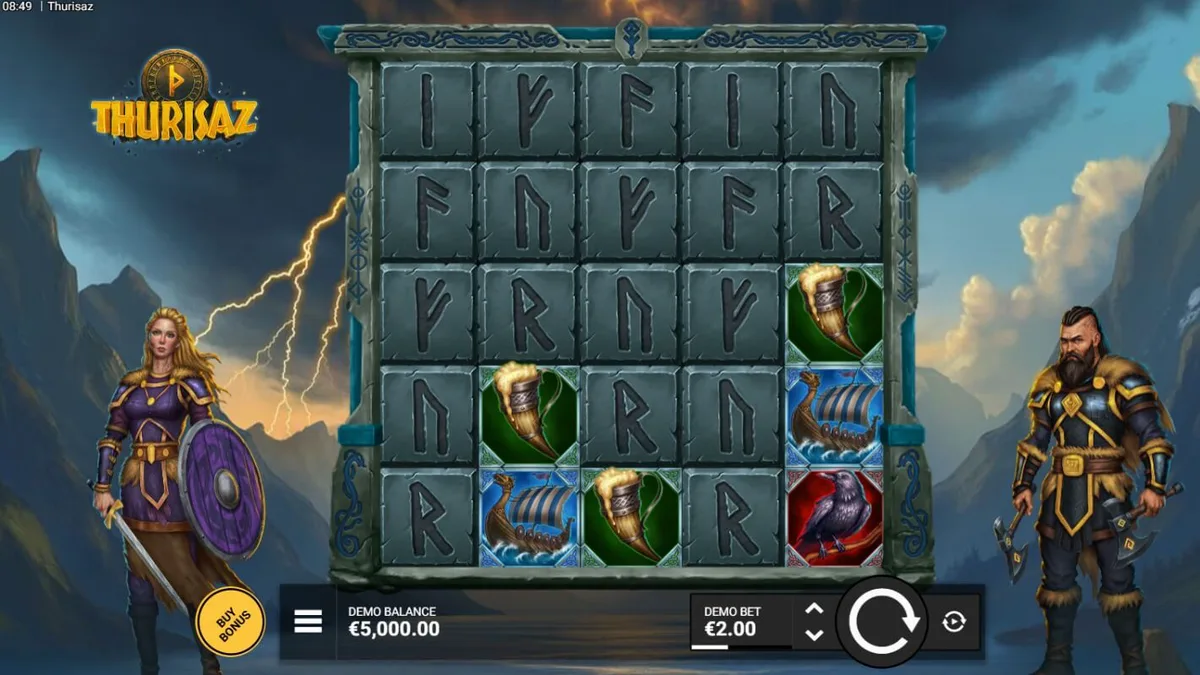 Ang visual na disenyo ng Thurisaz slot na nagpapakita ng mga Viking warriors at Norse landscape.