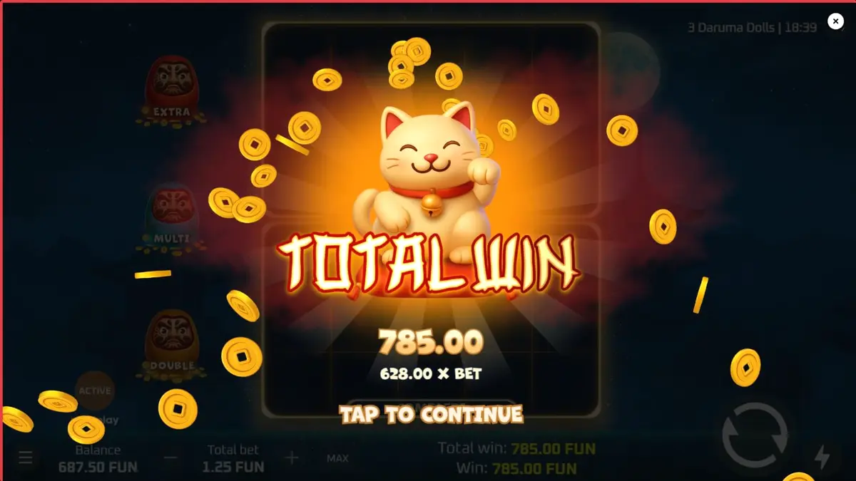 3 Daruma Dolls slot machine interface na may temang Japanese folklore