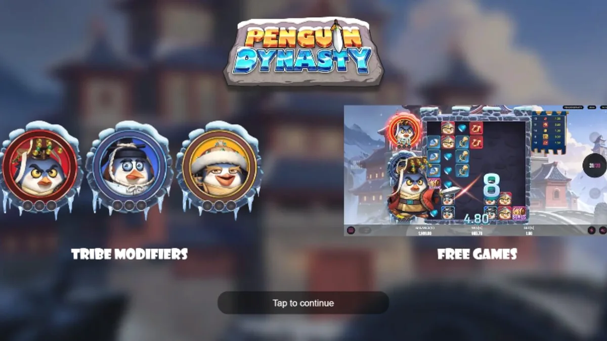 Isang visual na representasyon ng Penguin Dynasty slot na nagpapakita ng mga penguin warriors sa isang 7x7 grid.